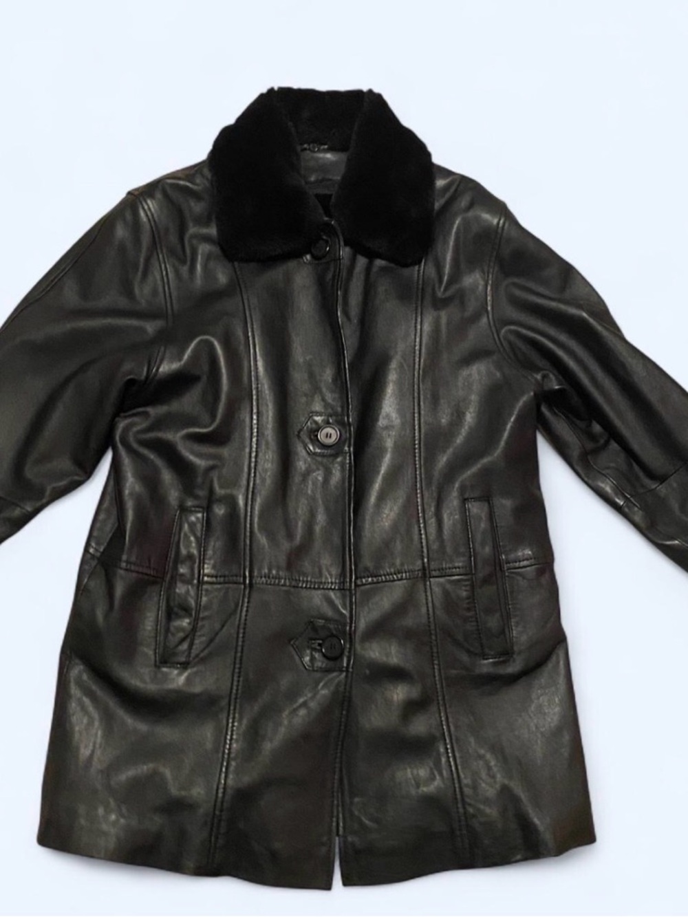 Sonoma Black Leather Coat with Faux Fur Collar